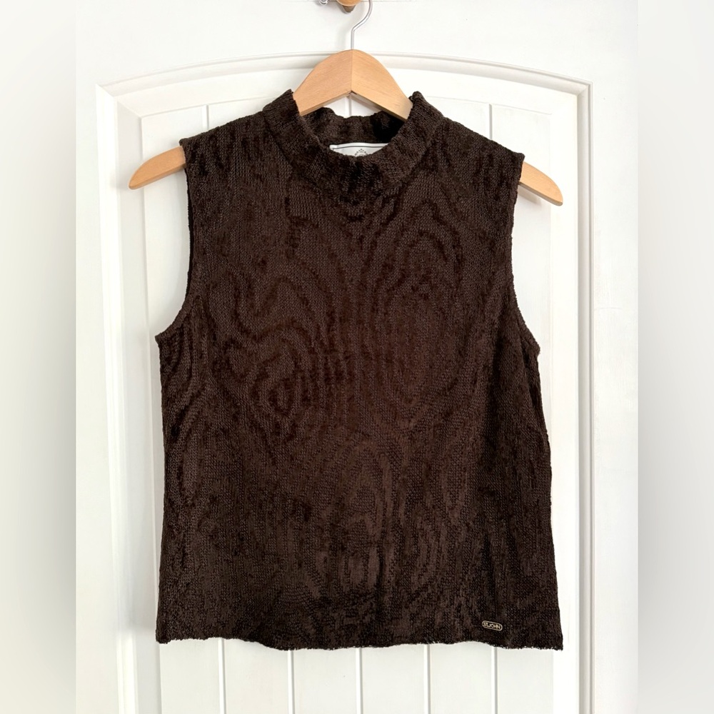 St. John Knit Vintage 90s Sleeveless Mock Neck Sweater Top Brown Petite Small